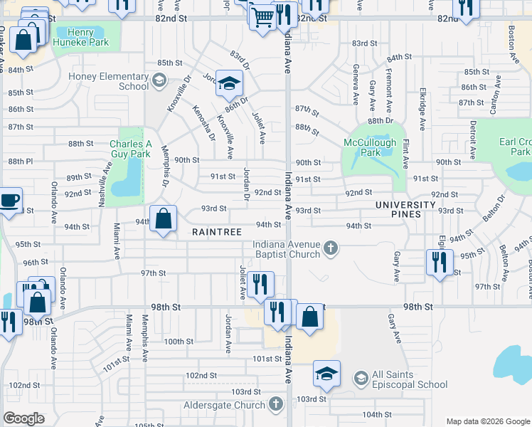 map of restaurants, bars, coffee shops, grocery stores, and more near 3409 93rd Street in Lubbock
