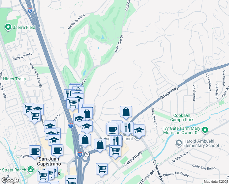 map of restaurants, bars, coffee shops, grocery stores, and more near 27462 Paseo Arco Clave in San Juan Capistrano