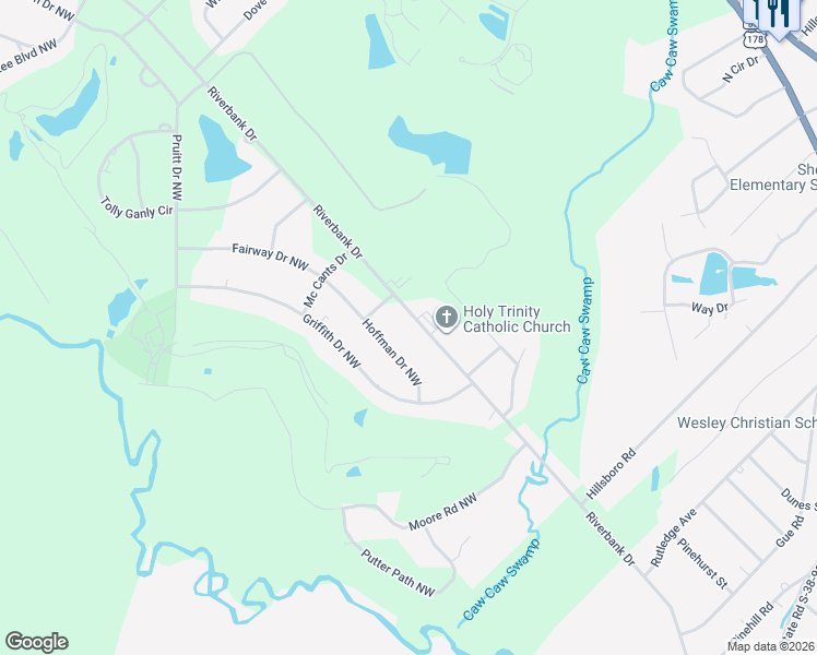 map of restaurants, bars, coffee shops, grocery stores, and more near 2243 Riverbank Drive in Orangeburg