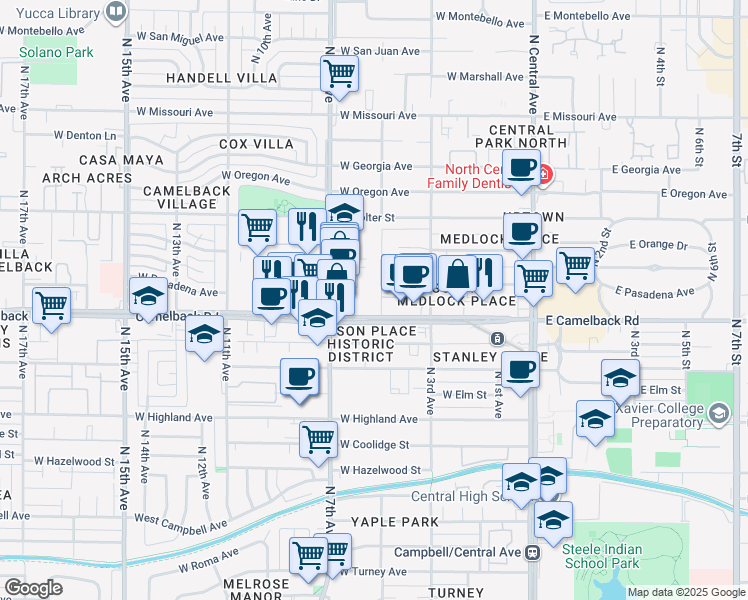map of restaurants, bars, coffee shops, grocery stores, and more near 444 West Camelback Road in Phoenix