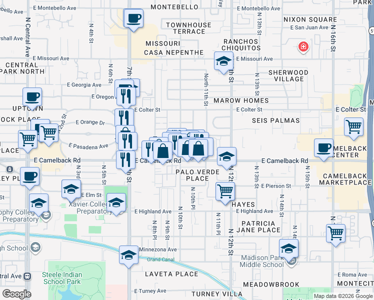 map of restaurants, bars, coffee shops, grocery stores, and more near 1001 East Pasadena Avenue in Phoenix