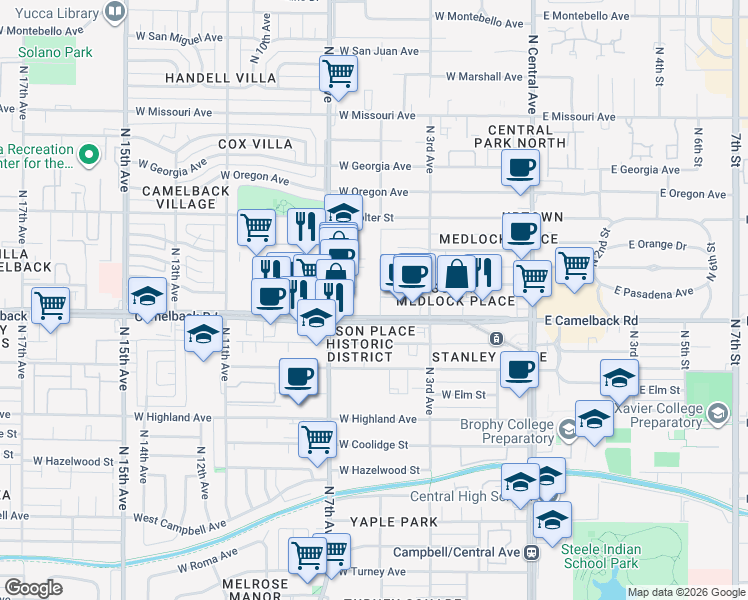 map of restaurants, bars, coffee shops, grocery stores, and more near 444 West Camelback Road in Phoenix