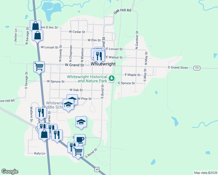 map of restaurants, bars, coffee shops, grocery stores, and more near 308 South Bond Street in Whitewright