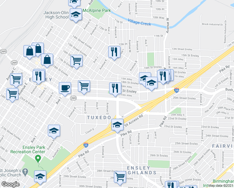 map of restaurants, bars, coffee shops, grocery stores, and more near 1912 Ensley Avenue in Birmingham