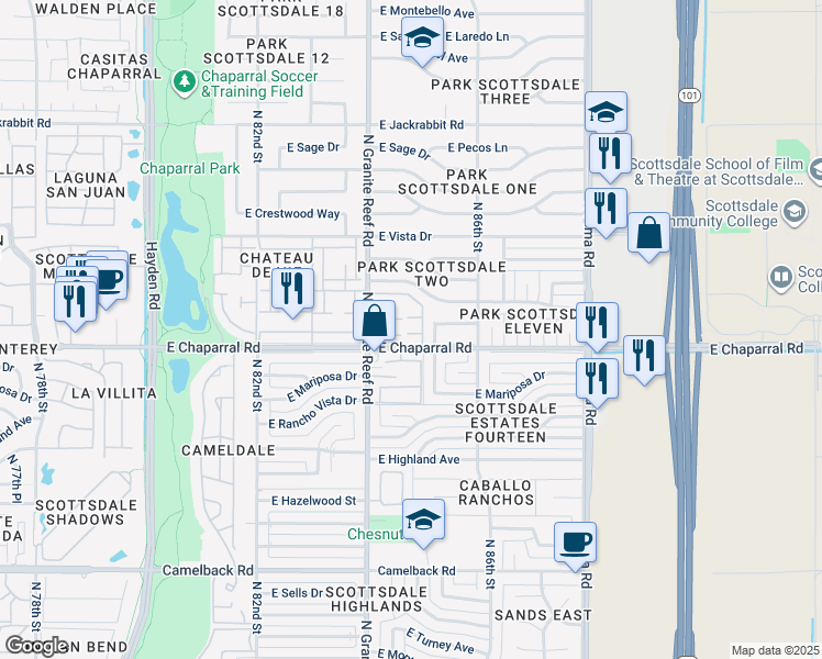 map of restaurants, bars, coffee shops, grocery stores, and more near 8458 East Chaparral Road in Scottsdale
