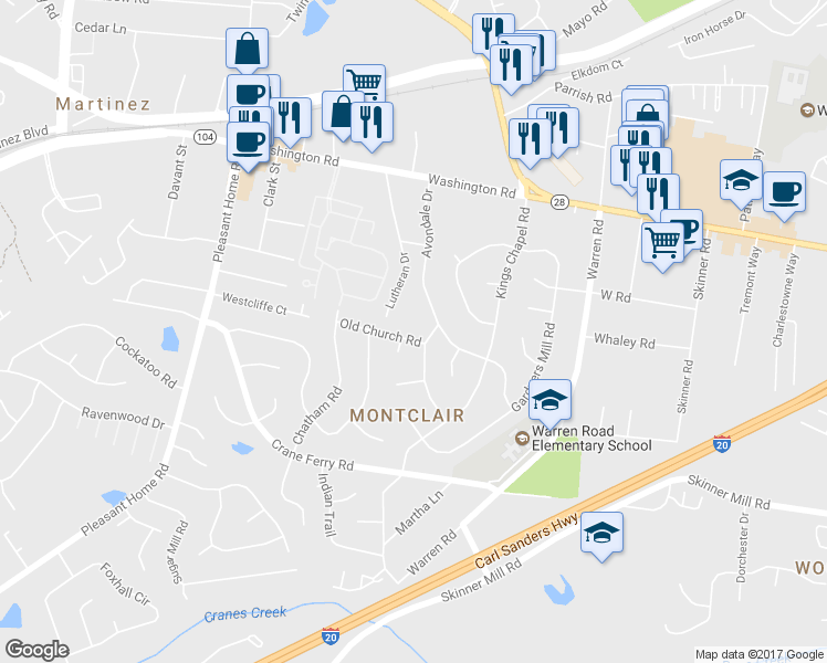 map of restaurants, bars, coffee shops, grocery stores, and more near 3303 Old Church Road in Augusta