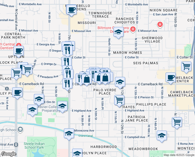 map of restaurants, bars, coffee shops, grocery stores, and more near 1001 East Pasadena Avenue in Phoenix