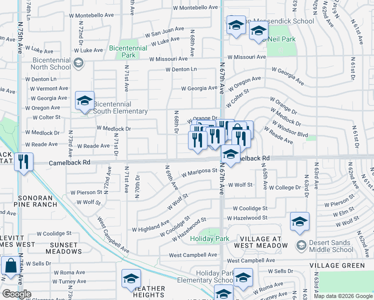 map of restaurants, bars, coffee shops, grocery stores, and more near 6810 West Pasadena Avenue in Glendale