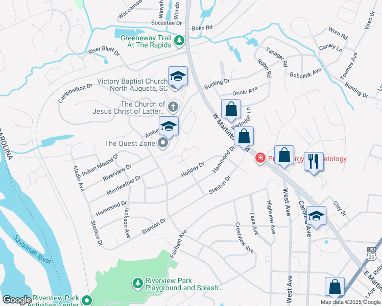 map of restaurants, bars, coffee shops, grocery stores, and more near 12 Teal Court in North Augusta