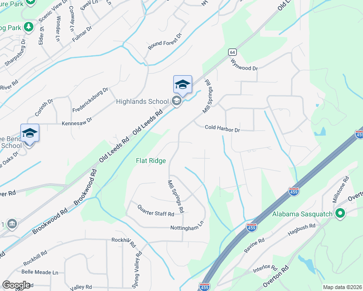 map of restaurants, bars, coffee shops, grocery stores, and more near 3547 Mill Springs Road in Birmingham
