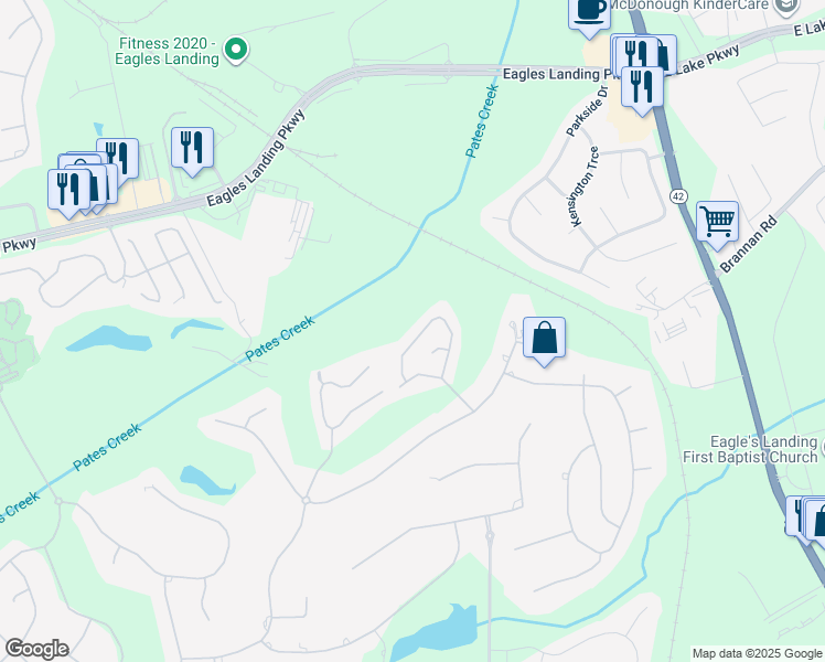 map of restaurants, bars, coffee shops, grocery stores, and more near 225 Legends Trace in McDonough