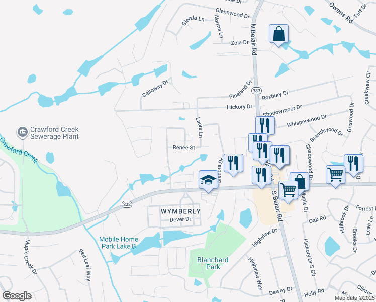 map of restaurants, bars, coffee shops, grocery stores, and more near 4604 Renee Street in Augusta