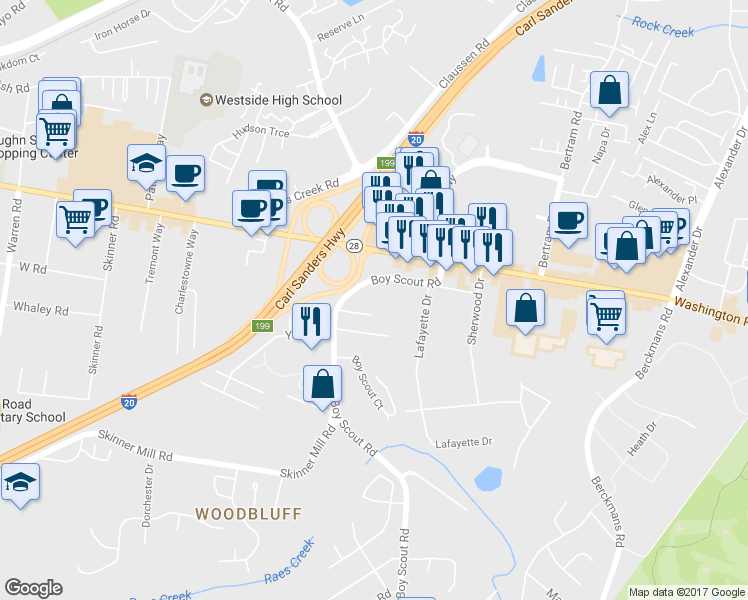 map of restaurants, bars, coffee shops, grocery stores, and more near 2607 Commons Boulevard in Augusta
