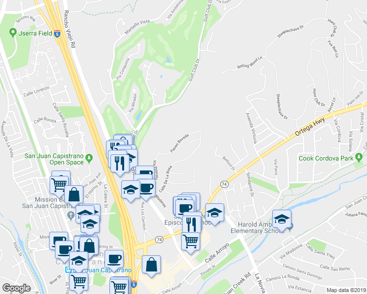 map of restaurants, bars, coffee shops, grocery stores, and more near 27452 Paseo Arco Clave in San Juan Capistrano