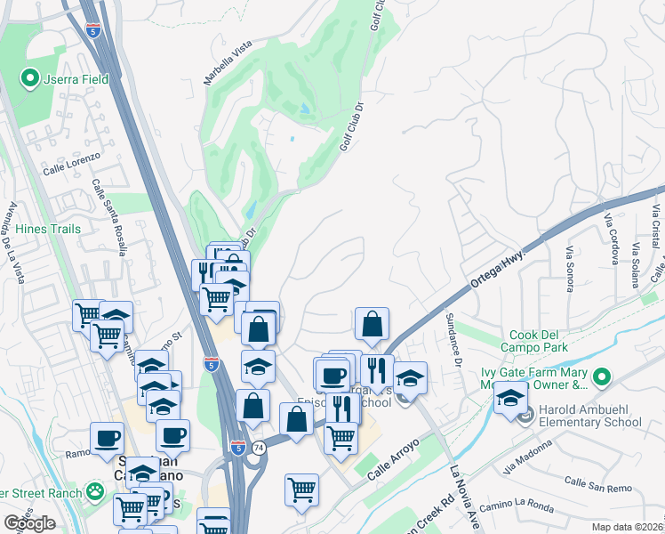 map of restaurants, bars, coffee shops, grocery stores, and more near 27452 Paseo Arco Clave in San Juan Capistrano