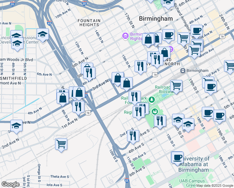 map of restaurants, bars, coffee shops, grocery stores, and more near 1230 13th Street North in Birmingham