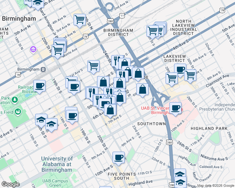 map of restaurants, bars, coffee shops, grocery stores, and more near 500 23rd Street South in Birmingham