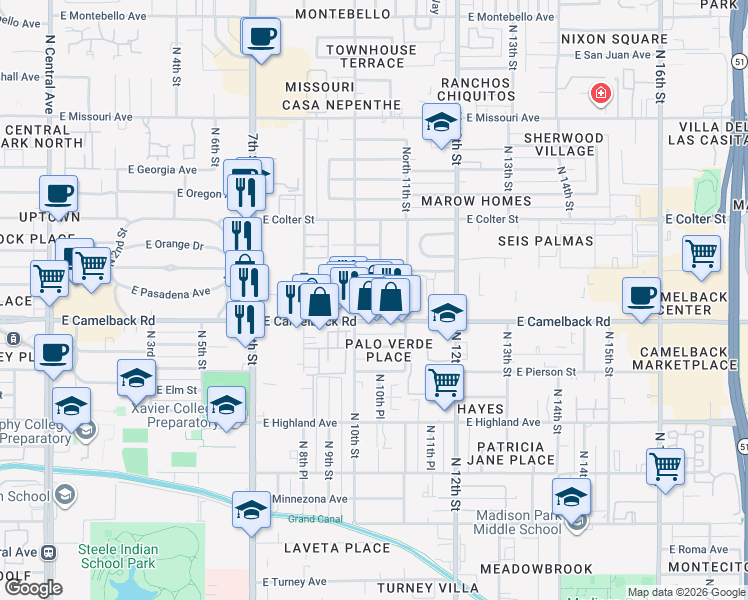 map of restaurants, bars, coffee shops, grocery stores, and more near 1001 East Pasadena Avenue in Phoenix