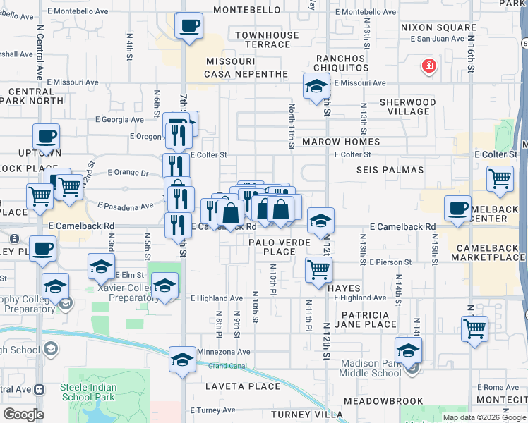 map of restaurants, bars, coffee shops, grocery stores, and more near 1001 East Pasadena Avenue in Phoenix