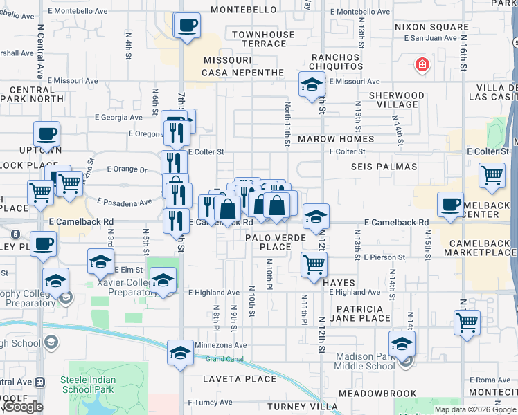 map of restaurants, bars, coffee shops, grocery stores, and more near 1001 East Pasadena Avenue in Phoenix