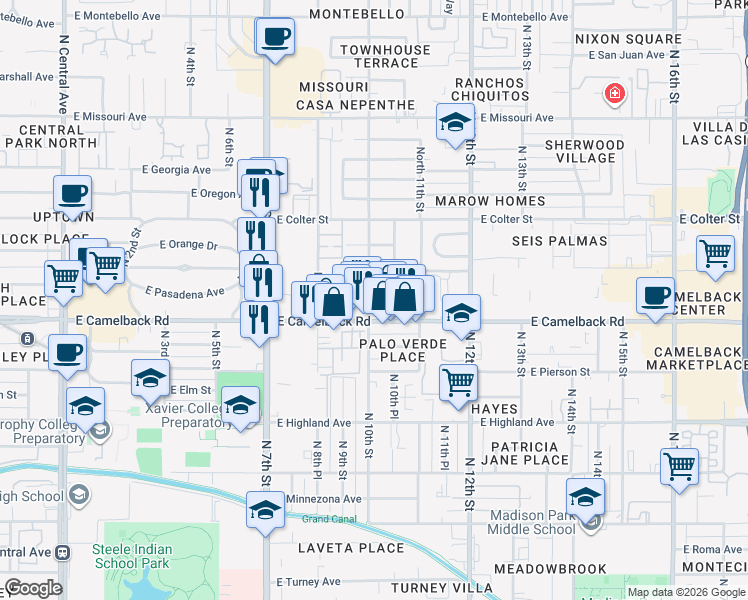 map of restaurants, bars, coffee shops, grocery stores, and more near 1001 East Pasadena Avenue in Phoenix