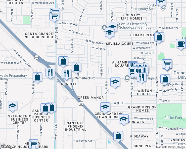 map of restaurants, bars, coffee shops, grocery stores, and more near 3940 West Palomino Road in Phoenix
