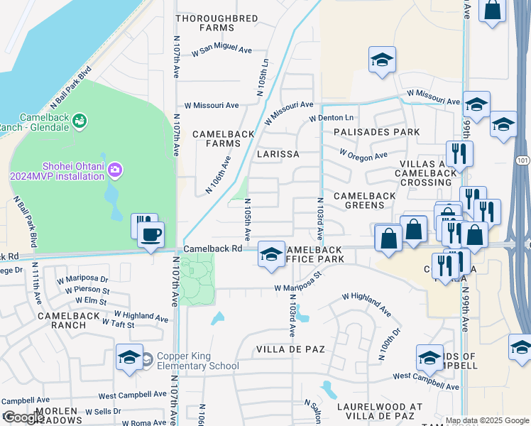 map of restaurants, bars, coffee shops, grocery stores, and more near 10425 West Windsor Boulevard in Glendale