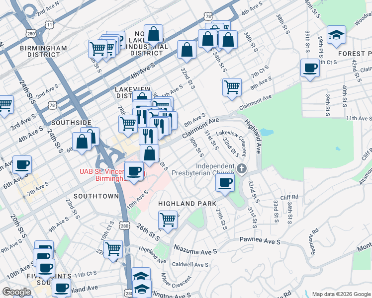 map of restaurants, bars, coffee shops, grocery stores, and more near 822 30th Street South in Birmingham