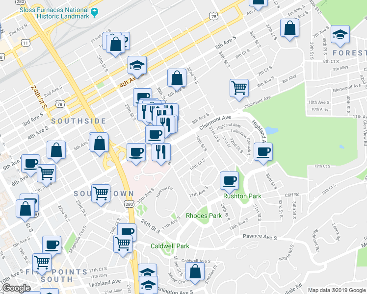 map of restaurants, bars, coffee shops, grocery stores, and more near 2901 Clairmont Avenue in Birmingham