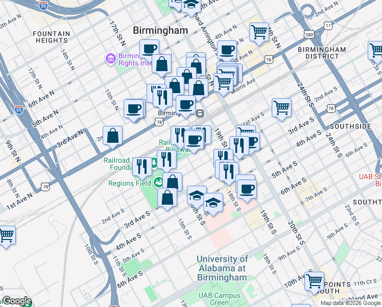map of restaurants, bars, coffee shops, grocery stores, and more near 17 Railroad Park Path 1 in Birmingham