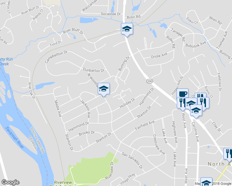 map of restaurants, bars, coffee shops, grocery stores, and more near 4 Cardinal Ln in North Augusta