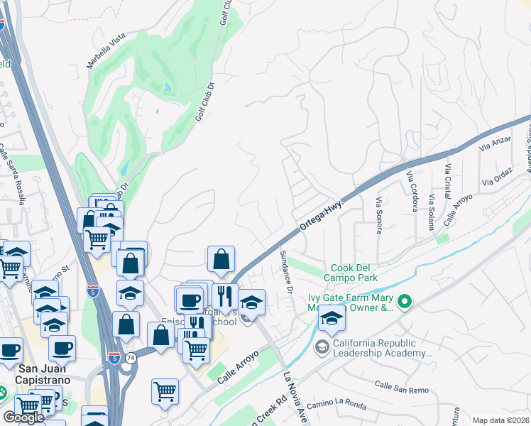 map of restaurants, bars, coffee shops, grocery stores, and more near 31182 Casa Grande Drive in San Juan Capistrano