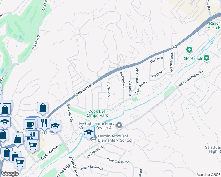 map of restaurants, bars, coffee shops, grocery stores, and more near 31172 Via Sonora in San Juan Capistrano