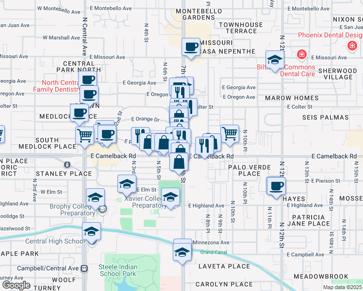 map of restaurants, bars, coffee shops, grocery stores, and more near 5024 North 7th Street in Phoenix