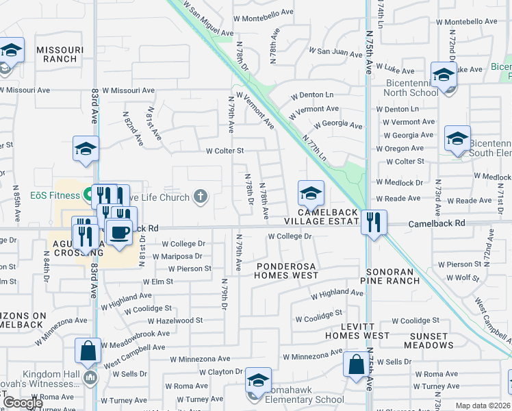 map of restaurants, bars, coffee shops, grocery stores, and more near 5023 North 78th Avenue in Glendale