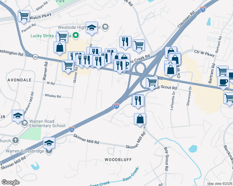 map of restaurants, bars, coffee shops, grocery stores, and more near 3028 Washington Road in Augusta