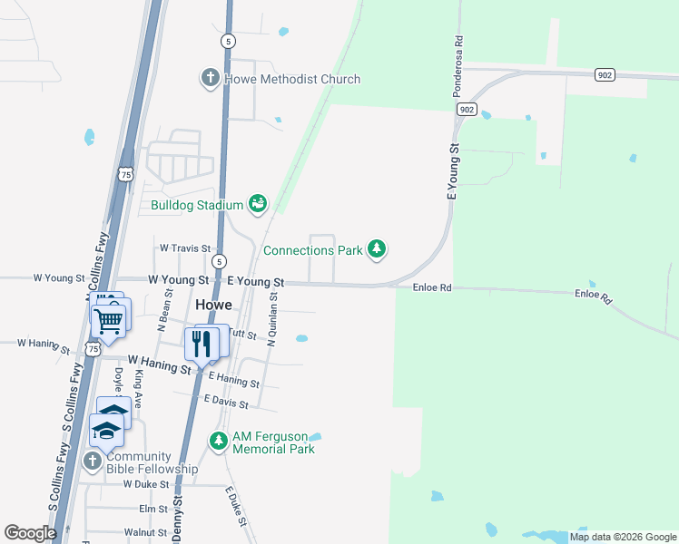 map of restaurants, bars, coffee shops, grocery stores, and more near 503 North Castlegate Street in Howe