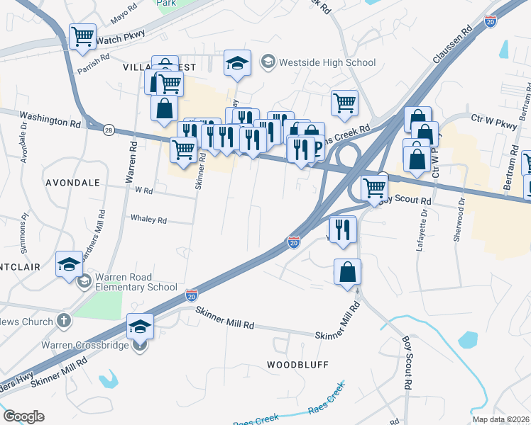 map of restaurants, bars, coffee shops, grocery stores, and more near 28 Charlestowne Drive in Augusta