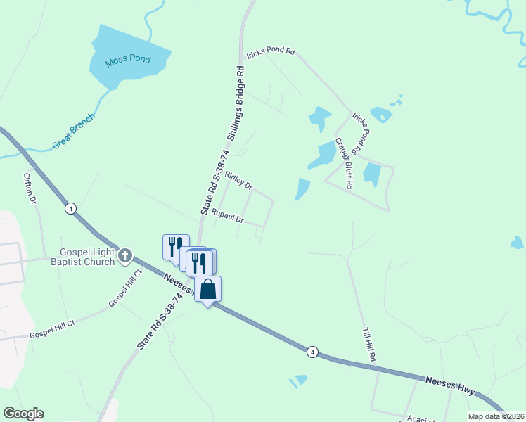 map of restaurants, bars, coffee shops, grocery stores, and more near 112 Last Drive in Orangeburg