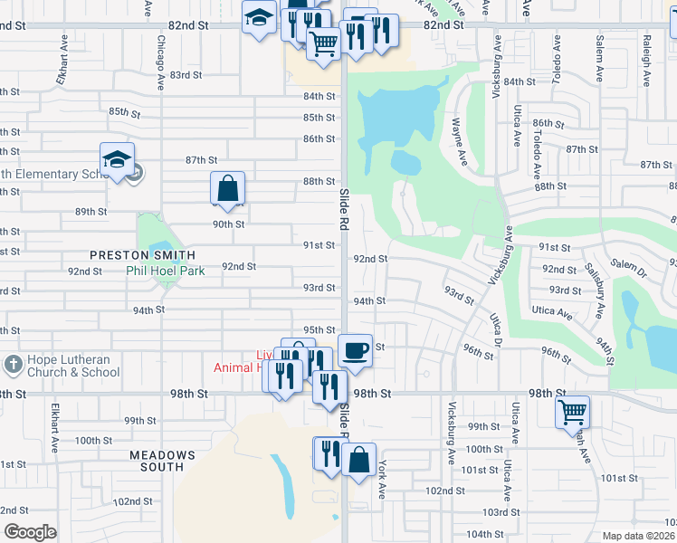 map of restaurants, bars, coffee shops, grocery stores, and more near 9208 York Place in Lubbock