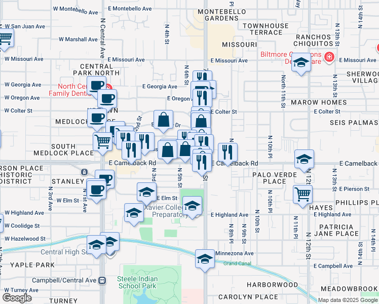 map of restaurants, bars, coffee shops, grocery stores, and more near 5024 North 6th Street in Phoenix