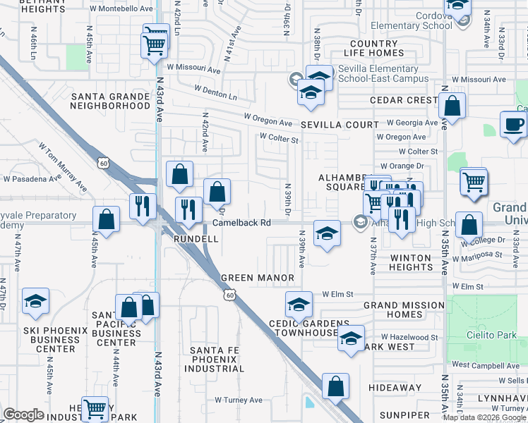 map of restaurants, bars, coffee shops, grocery stores, and more near 3940 West Palomino Road in Phoenix