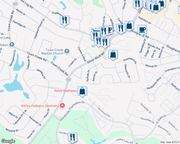 map of restaurants, bars, coffee shops, grocery stores, and more near 174 Suffolk Drive in Aiken