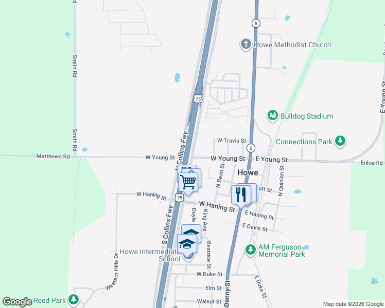 map of restaurants, bars, coffee shops, grocery stores, and more near 709 North Collins Freeway in Howe