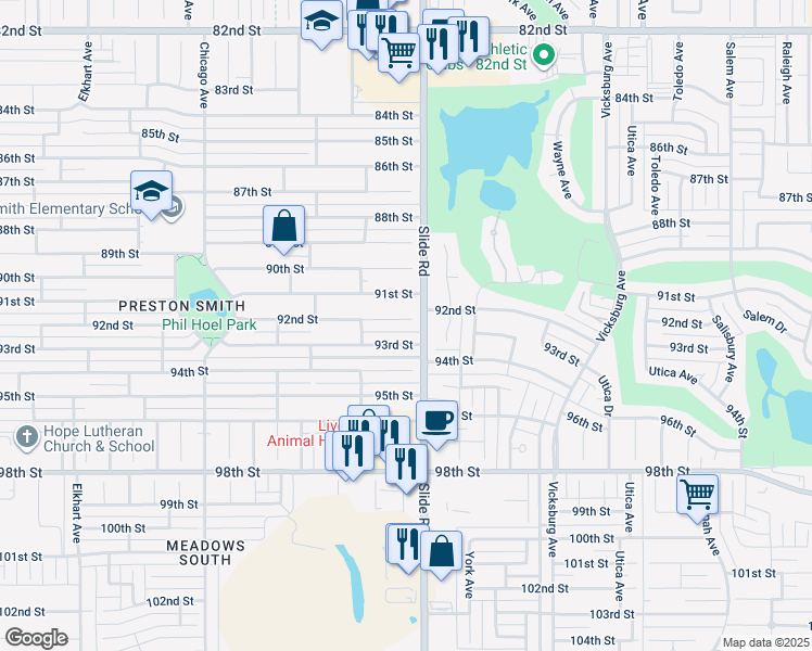 map of restaurants, bars, coffee shops, grocery stores, and more near 5205 92nd Street in Lubbock