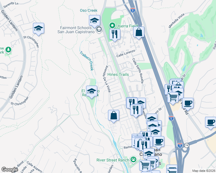 map of restaurants, bars, coffee shops, grocery stores, and more near Avenida De La Vista in San Juan Capistrano
