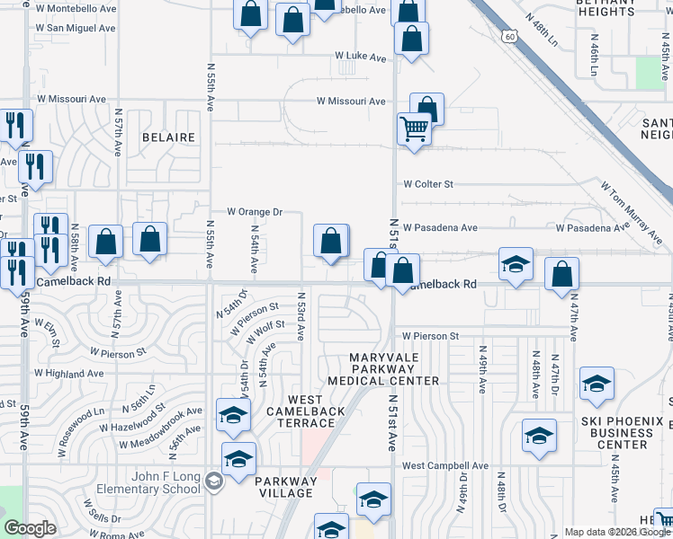 map of restaurants, bars, coffee shops, grocery stores, and more near 5212 North 52nd Avenue in Phoenix
