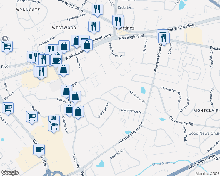 map of restaurants, bars, coffee shops, grocery stores, and more near 3337 Cockatoo Road in Augusta
