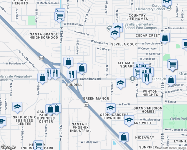 map of restaurants, bars, coffee shops, grocery stores, and more near 4022 West Palomino Road in Phoenix