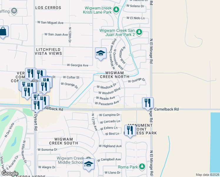 map of restaurants, bars, coffee shops, grocery stores, and more near 12559 West Medlock Drive in Litchfield Park